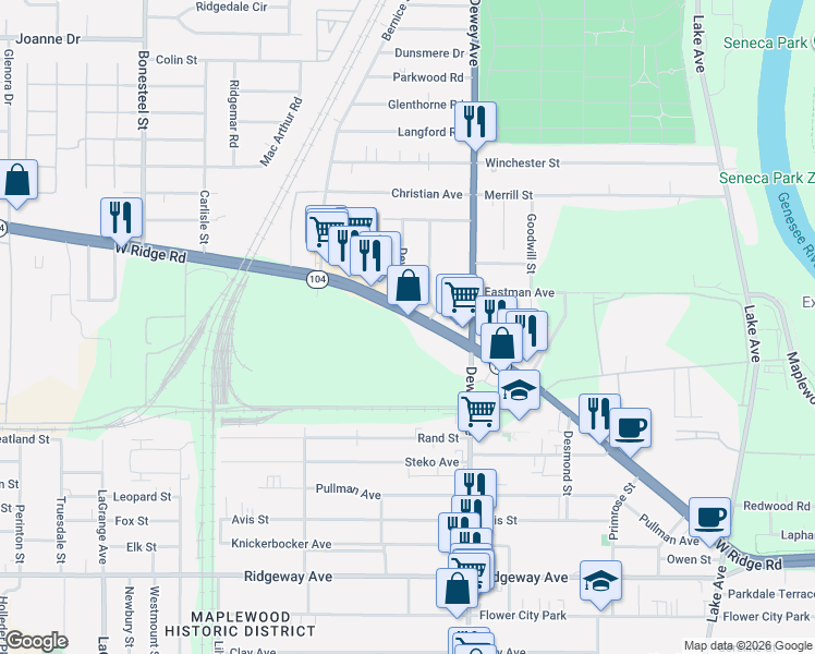 map of restaurants, bars, coffee shops, grocery stores, and more near 536 West Ridge Road in Rochester