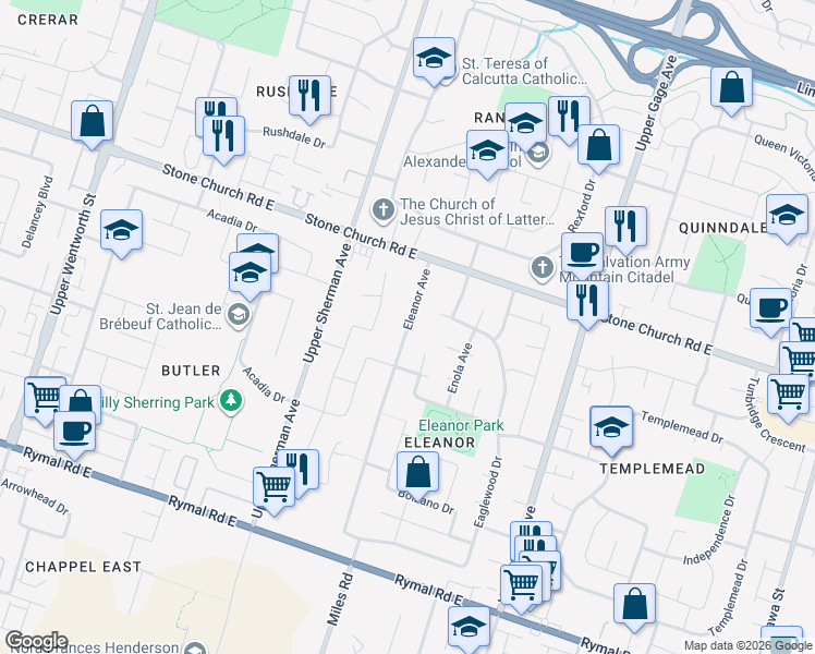 map of restaurants, bars, coffee shops, grocery stores, and more near 41 Eleanor Avenue in Hamilton
