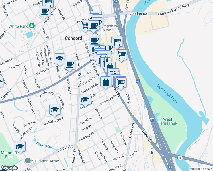map of restaurants, bars, coffee shops, grocery stores, and more near 40-42 South Main Street in Concord