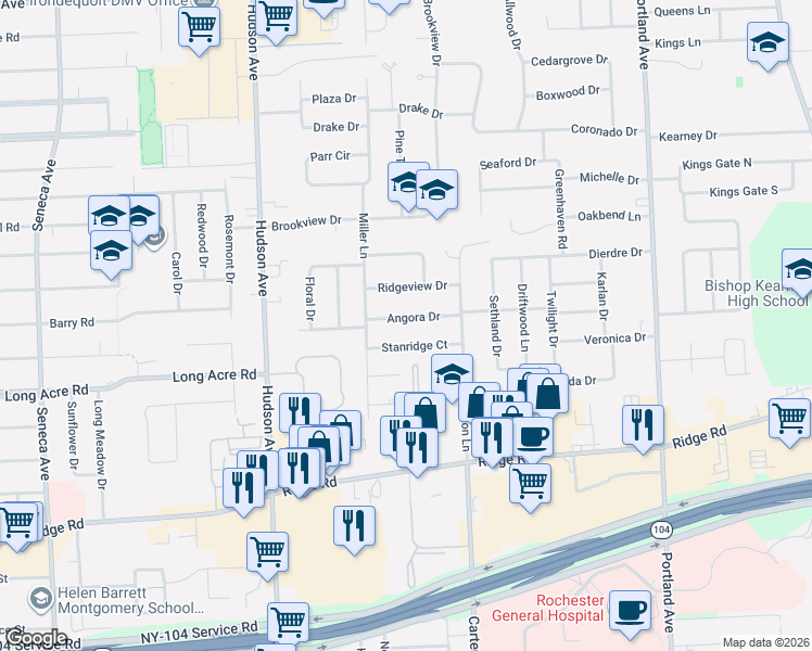 map of restaurants, bars, coffee shops, grocery stores, and more near 49 Angora Drive in Irondequoit