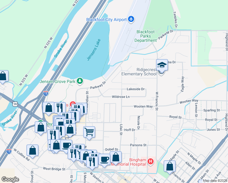 map of restaurants, bars, coffee shops, grocery stores, and more near 821 Lakeside Drive in Blackfoot