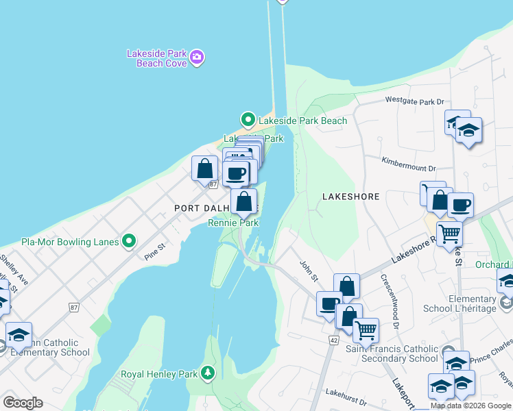 map of restaurants, bars, coffee shops, grocery stores, and more near 57 Lakeport Road in St. Catharines