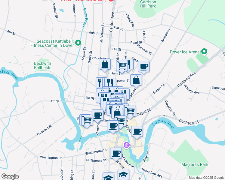 map of restaurants, bars, coffee shops, grocery stores, and more near 9 New York Street in Dover