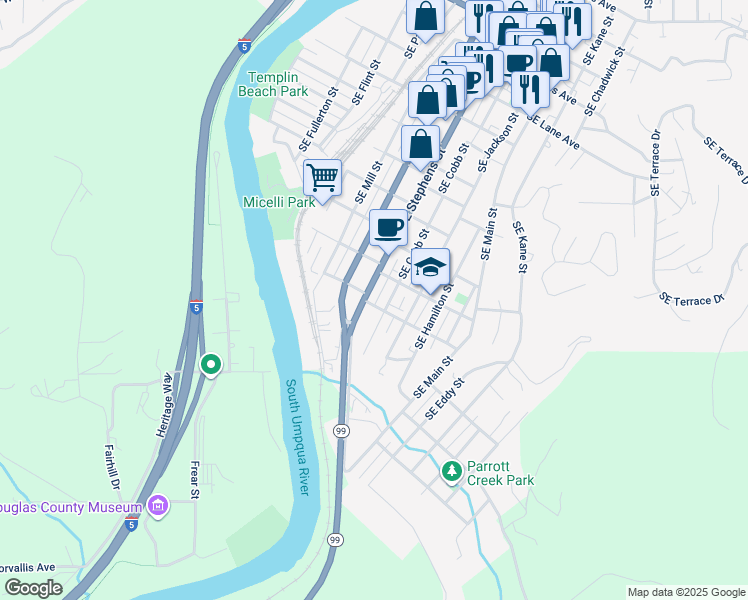 map of restaurants, bars, coffee shops, grocery stores, and more near 1506 Southeast Cobb Street in Roseburg