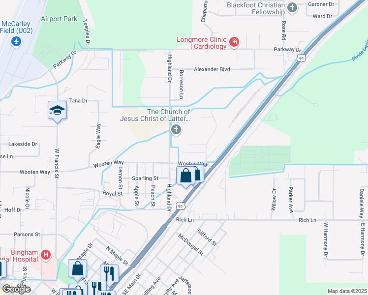 map of restaurants, bars, coffee shops, grocery stores, and more near 255 Carol Drive in Blackfoot