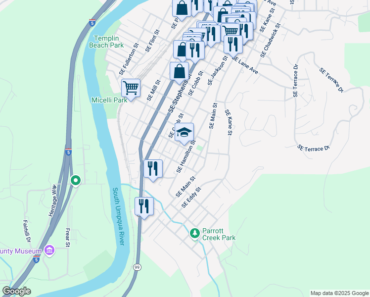 map of restaurants, bars, coffee shops, grocery stores, and more near 948 Southeast Roberts Avenue in Roseburg