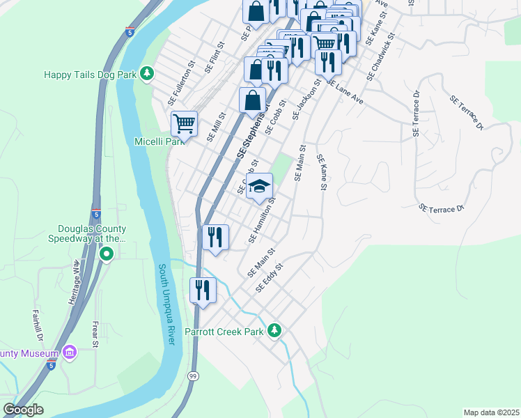 map of restaurants, bars, coffee shops, grocery stores, and more near 948 Southeast Roberts Avenue in Roseburg