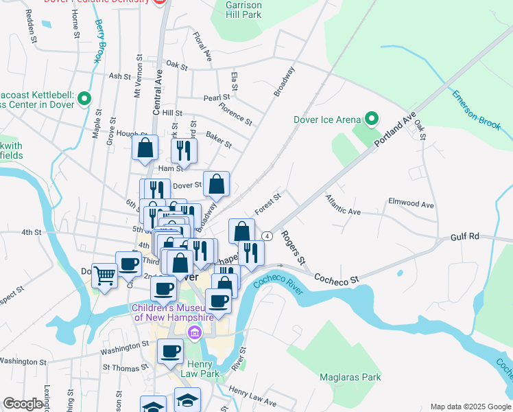 map of restaurants, bars, coffee shops, grocery stores, and more near 22 Forest Street in Dover