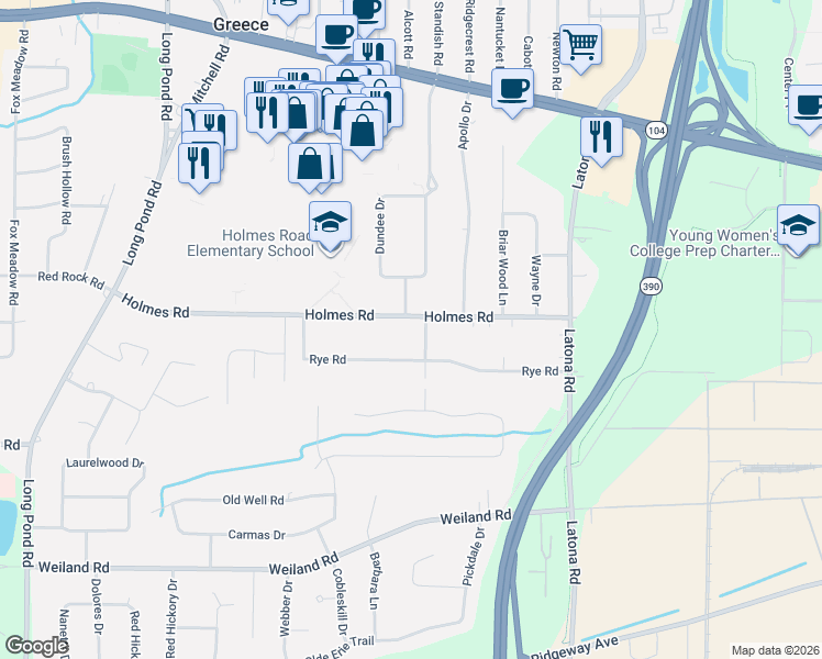 map of restaurants, bars, coffee shops, grocery stores, and more near 185 Holmes Road in Rochester