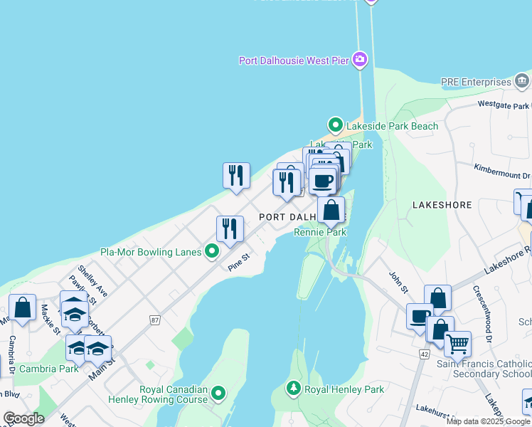 map of restaurants, bars, coffee shops, grocery stores, and more near 48 Main Street in St. Catharines