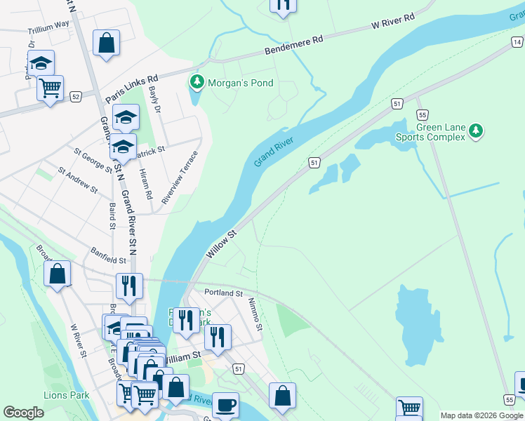 map of restaurants, bars, coffee shops, grocery stores, and more near 155 Willow Street in Brant
