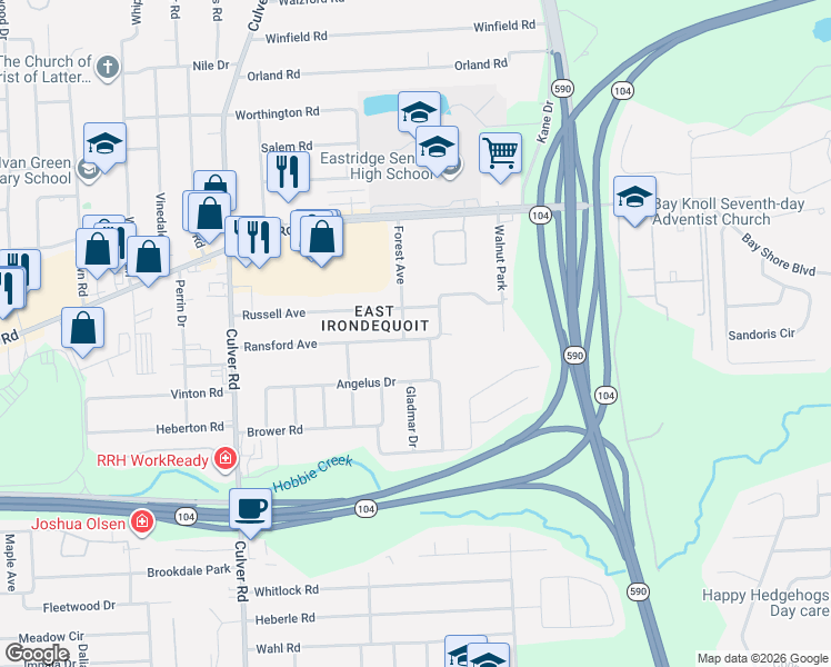 map of restaurants, bars, coffee shops, grocery stores, and more near 24 Forest Avenue in Rochester