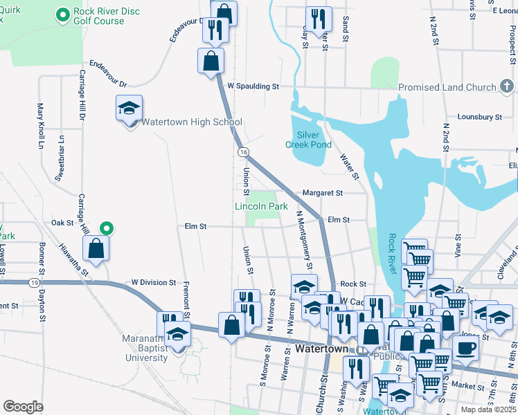 map of restaurants, bars, coffee shops, grocery stores, and more near 708 Margaret Street in Watertown