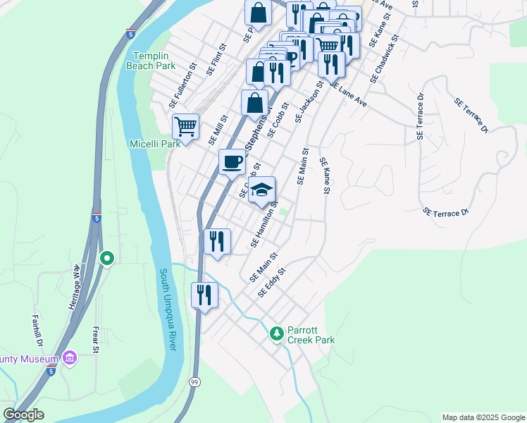 map of restaurants, bars, coffee shops, grocery stores, and more near 1460 Southeast Jackson Street in Roseburg
