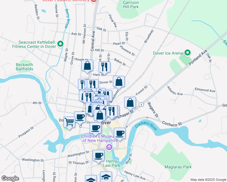 map of restaurants, bars, coffee shops, grocery stores, and more near 46 New York Street in Dover
