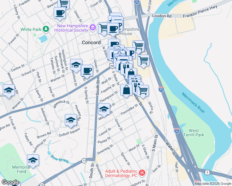 map of restaurants, bars, coffee shops, grocery stores, and more near 10 Thompson Street in Concord