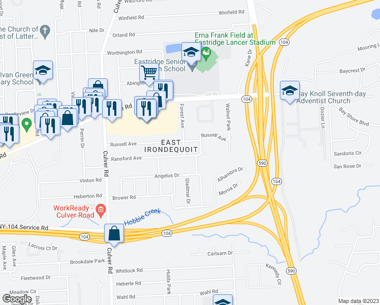 map of restaurants, bars, coffee shops, grocery stores, and more near 24 Forest Avenue in Rochester