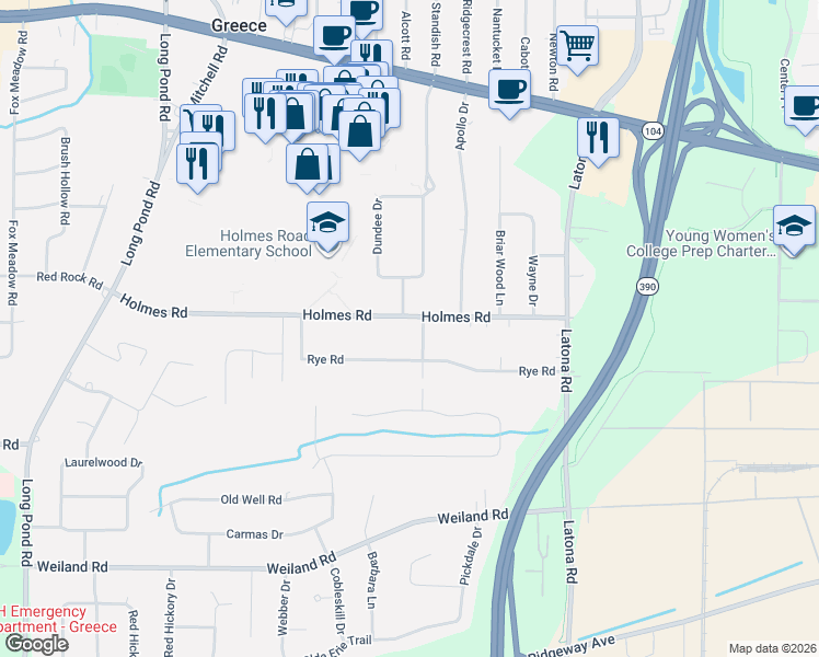 map of restaurants, bars, coffee shops, grocery stores, and more near 185 Holmes Road in Rochester