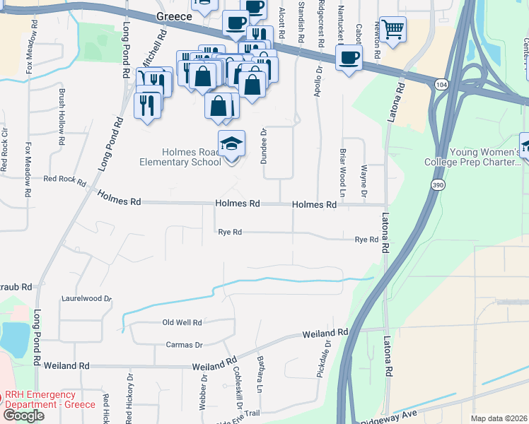 map of restaurants, bars, coffee shops, grocery stores, and more near 237 Holmes Road in Rochester