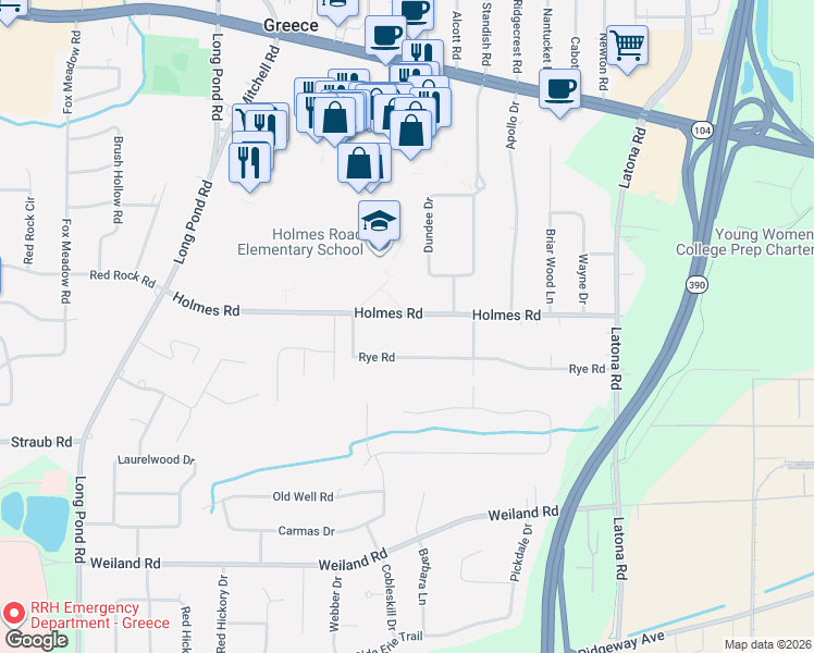 map of restaurants, bars, coffee shops, grocery stores, and more near 237 Holmes Road in Rochester