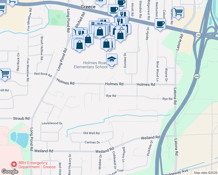 map of restaurants, bars, coffee shops, grocery stores, and more near 289 Holmes Road in Rochester