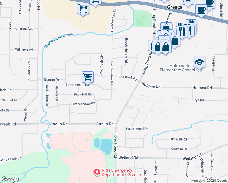 map of restaurants, bars, coffee shops, grocery stores, and more near 376 Fox Meadow Road in Rochester