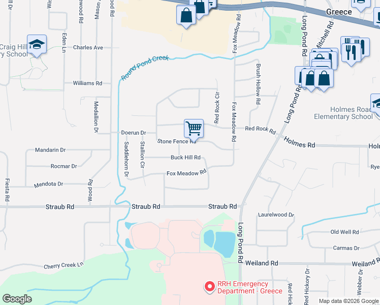 map of restaurants, bars, coffee shops, grocery stores, and more near 145 Stone Fence Road in Rochester