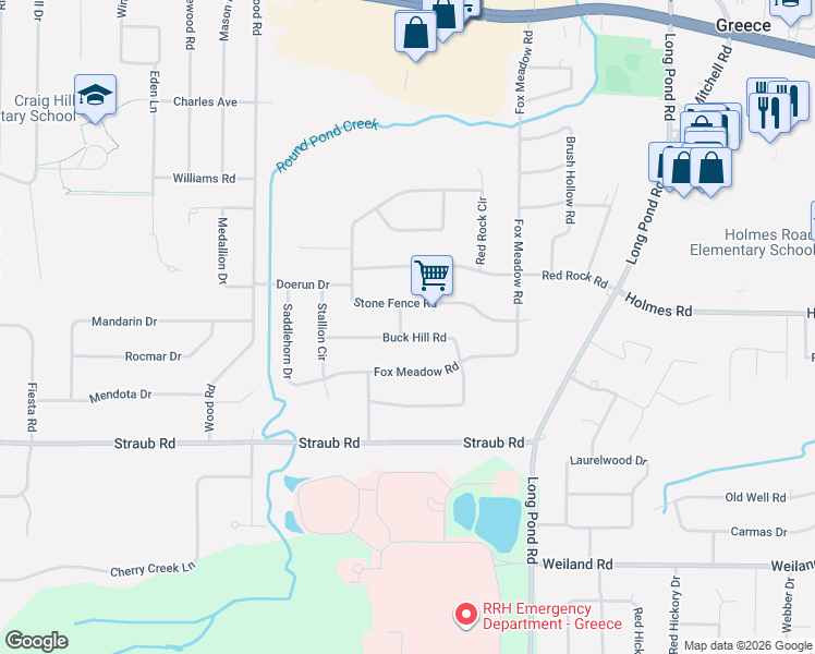 map of restaurants, bars, coffee shops, grocery stores, and more near 145 Stone Fence Road in Rochester
