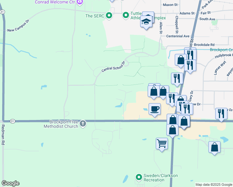 map of restaurants, bars, coffee shops, grocery stores, and more near 766 Viking Way in Brockport