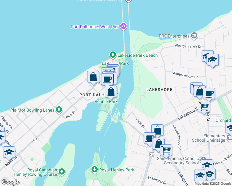 map of restaurants, bars, coffee shops, grocery stores, and more near in St. Catharines