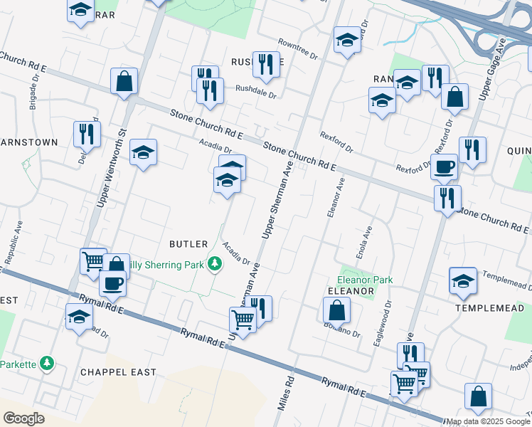 map of restaurants, bars, coffee shops, grocery stores, and more near 55 Cartier Crescent in Hamilton