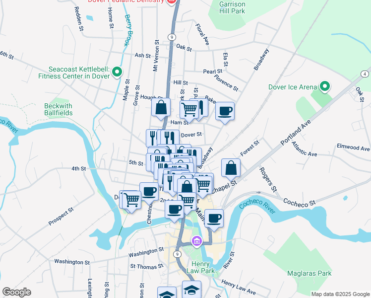 map of restaurants, bars, coffee shops, grocery stores, and more near 32 New York Street in Dover