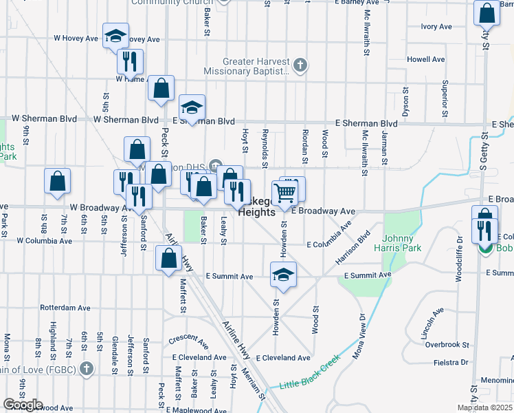 map of restaurants, bars, coffee shops, grocery stores, and more near in Muskegon Heights
