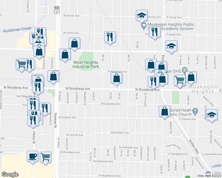 map of restaurants, bars, coffee shops, grocery stores, and more near 2799 8th Street in Muskegon Heights