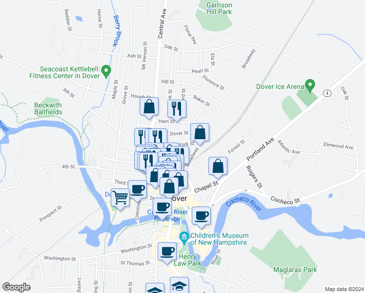 map of restaurants, bars, coffee shops, grocery stores, and more near 39 New York Street in Dover