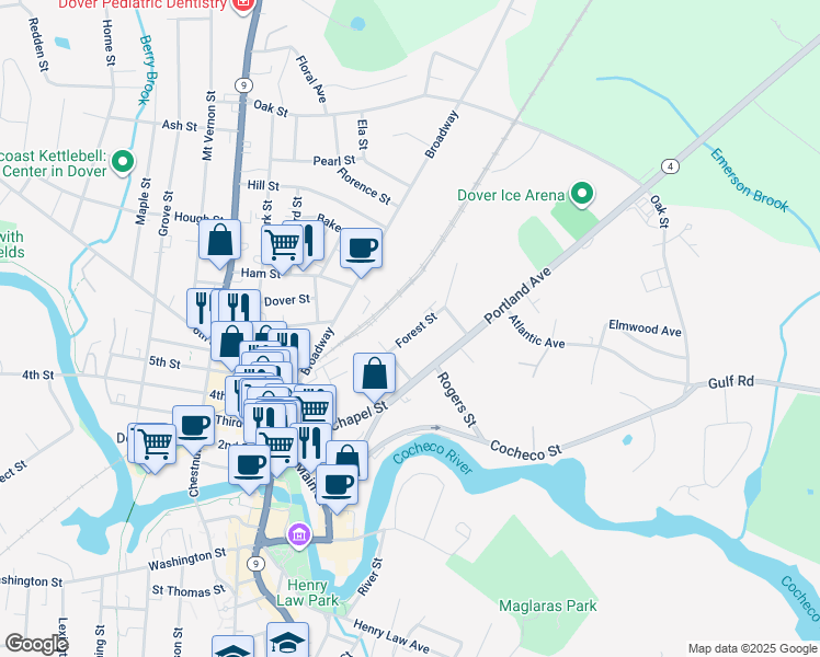 map of restaurants, bars, coffee shops, grocery stores, and more near 30 Forest Street in Dover