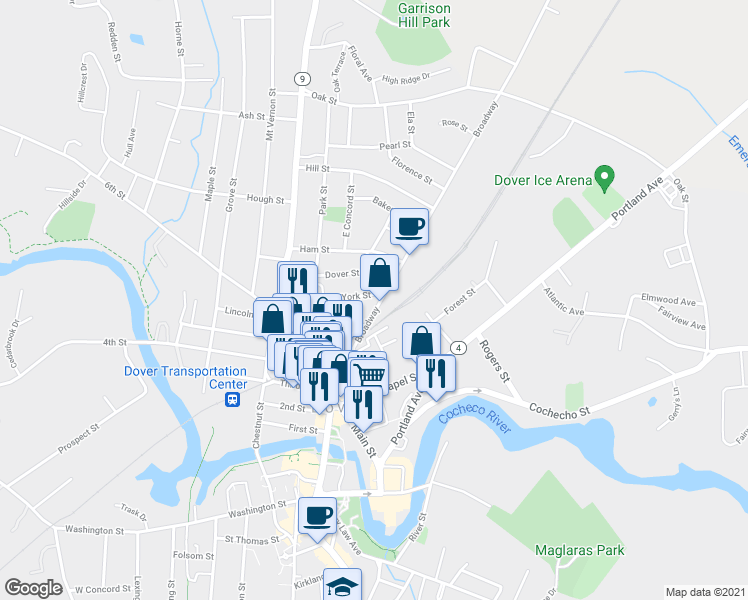 map of restaurants, bars, coffee shops, grocery stores, and more near 46 New York Street in Dover