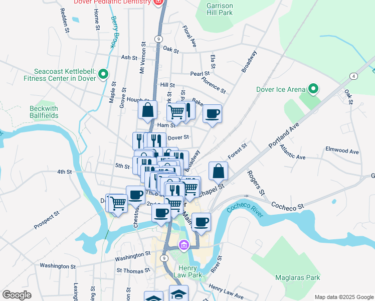 map of restaurants, bars, coffee shops, grocery stores, and more near 46 New York Street in Dover