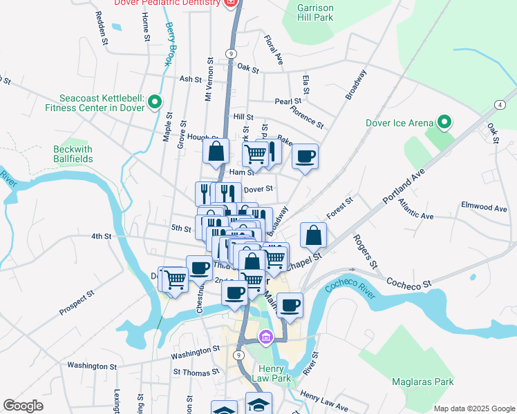 map of restaurants, bars, coffee shops, grocery stores, and more near 32 New York Street in Dover