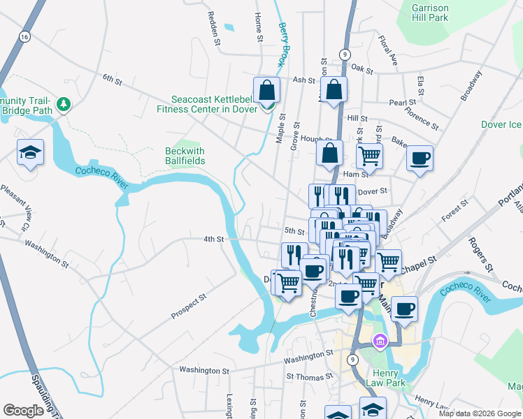map of restaurants, bars, coffee shops, grocery stores, and more near 47 Station Drive in Dover