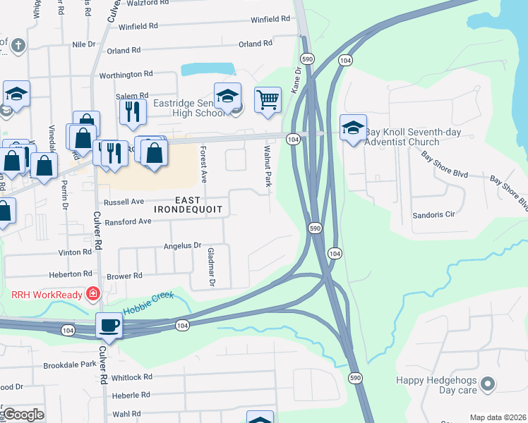 map of restaurants, bars, coffee shops, grocery stores, and more near 19 Walnut Park in Irondequoit