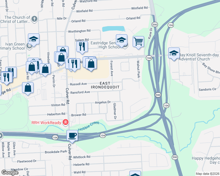 map of restaurants, bars, coffee shops, grocery stores, and more near 199 Russell Avenue in Rochester