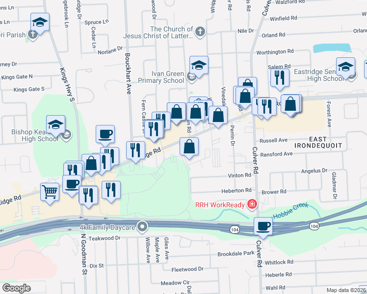 map of restaurants, bars, coffee shops, grocery stores, and more near 106 Dubelbeiss Lane in Irondequoit