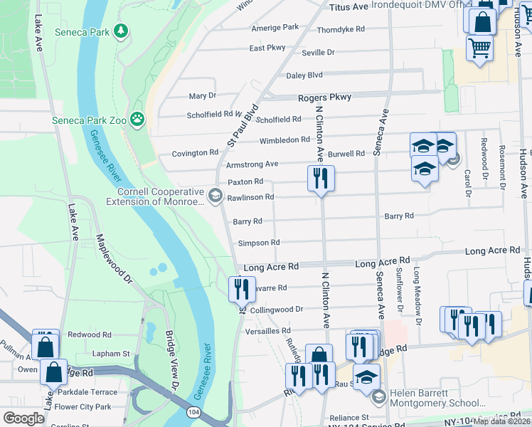 map of restaurants, bars, coffee shops, grocery stores, and more near 89 Rawlinson Road in Rochester