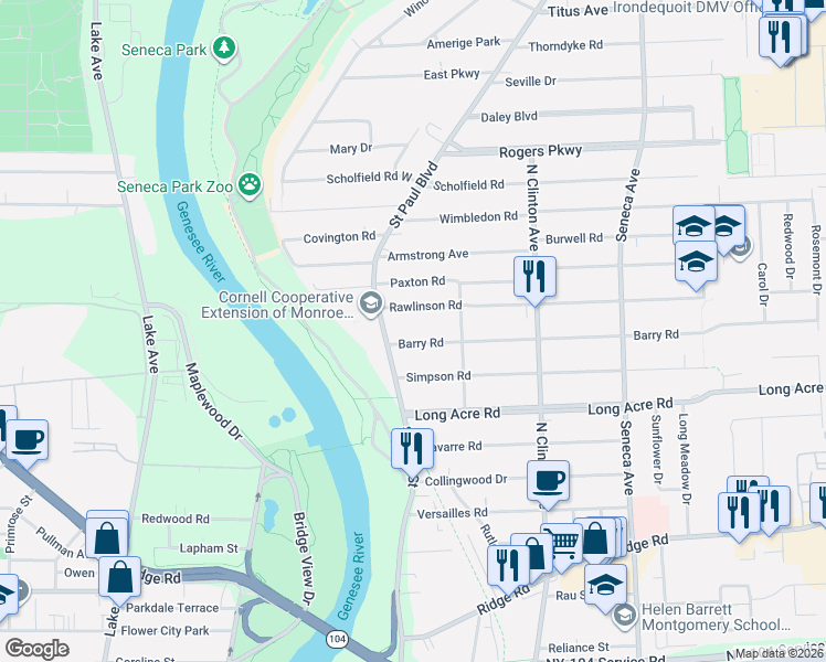 map of restaurants, bars, coffee shops, grocery stores, and more near 47 Rawlinson Road in Rochester