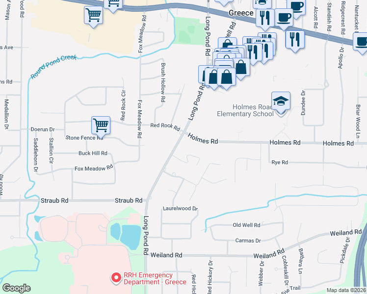 map of restaurants, bars, coffee shops, grocery stores, and more near 1392 Long Pond Road in Rochester