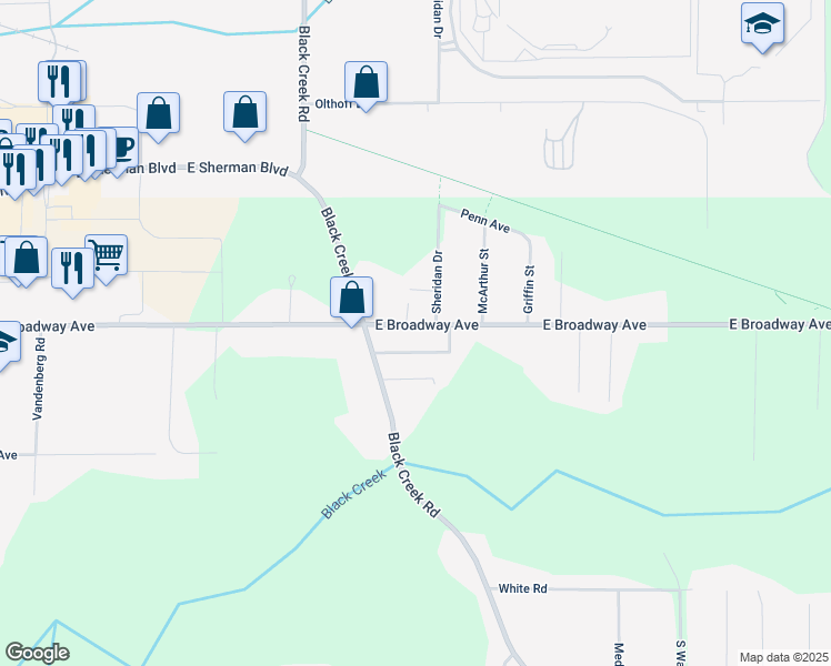 map of restaurants, bars, coffee shops, grocery stores, and more near 2373 East Broadway Avenue in Muskegon