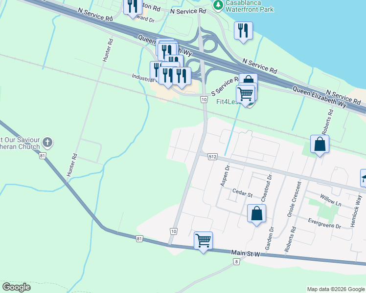 map of restaurants, bars, coffee shops, grocery stores, and more near 220 Livingston Avenue in Grimsby