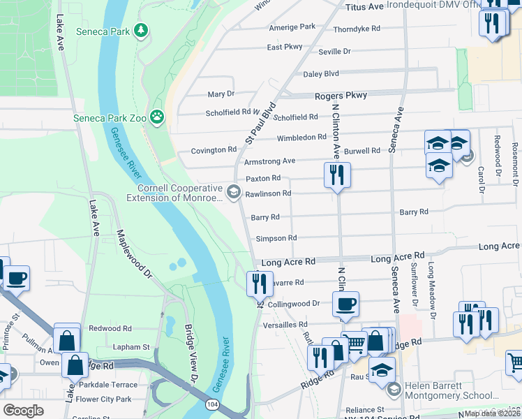 map of restaurants, bars, coffee shops, grocery stores, and more near 47 Rawlinson Road in Rochester