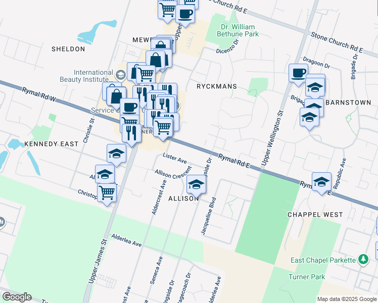 map of restaurants, bars, coffee shops, grocery stores, and more near 68 Rymal Road East in Hamilton
